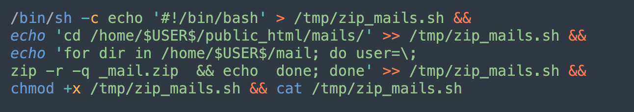 Screenshot of a terminal displaying a shell script command. The script involves creating and modifying a file located in the "/tmp" directory, navigating to directory paths, zipping files, and setting permissions.