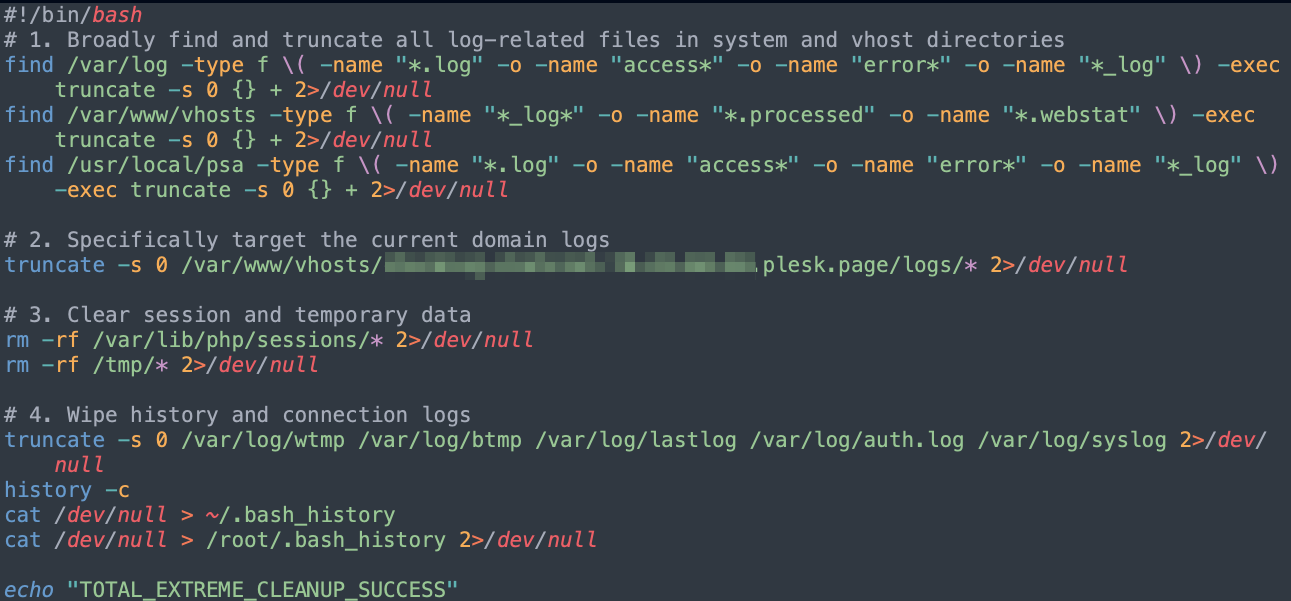 Screenshot of a terminal displaying a shell script. The script includes commands to find and truncate log-related files in system and vhost directories, current domain logs, and clear session, temporary data, and connection logs. The script also wipes history and displays a success message upon completion.