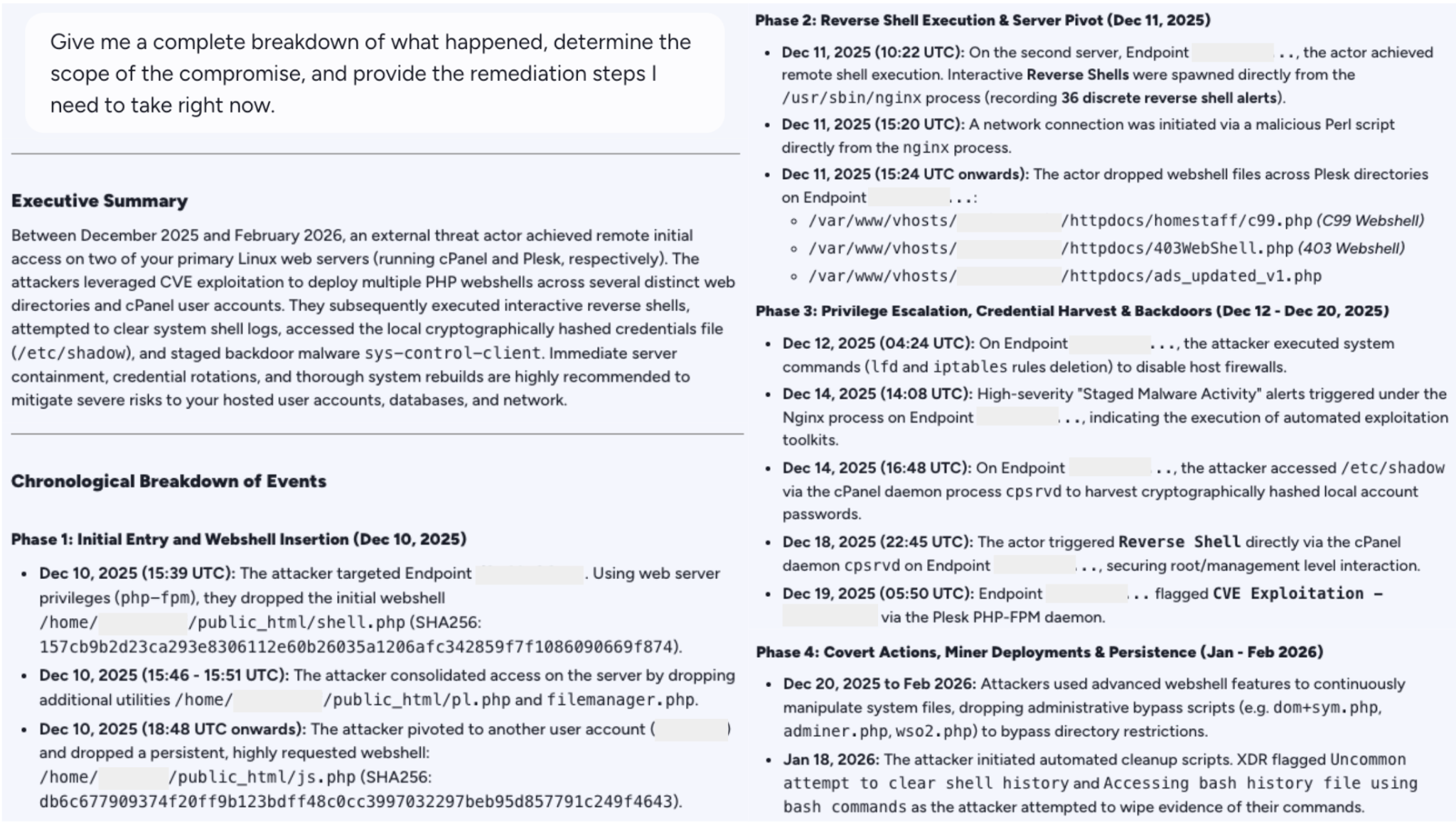 A detailed breakdown of attack chain in AgentiX, outlining executive summary, chronological breakdown of events, and phases with specific dates and times. Key terms include "Reverse Shell Execution," "Server Pivot," and "Exfiltrated Data." Dates range from December 10 to December 12, 2025. Steps involve compromised systems, binary executions, and privilege escalations.