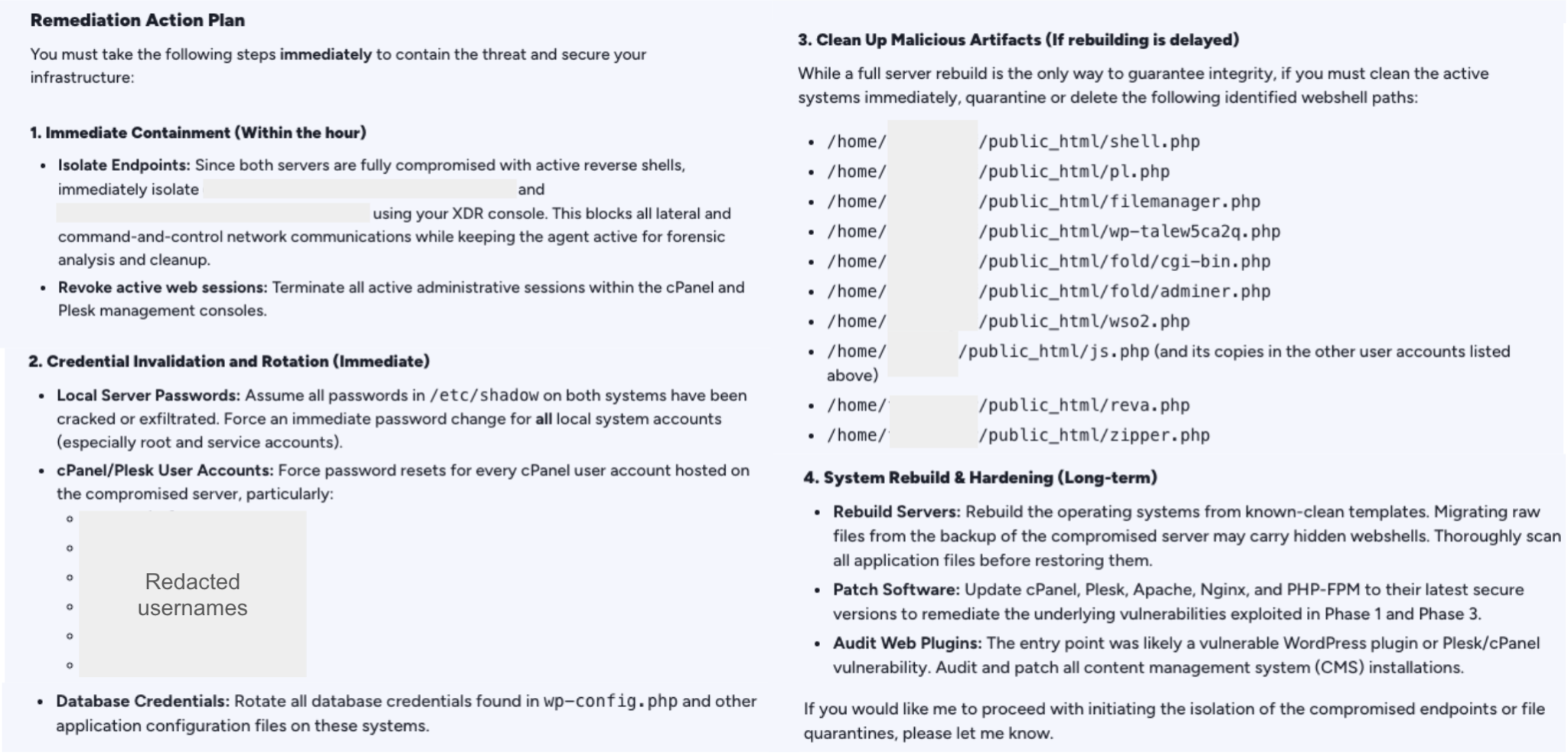 A three-step remediation action plan by AgentiX for enhancing server security. It also briefly mentions system rebuild and hardening processes, such as software configuration, updates, and patching. There are references to typical web files and directories.