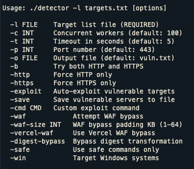 Screenshot of a command-line tool's usage instructions. It includes options like specifying a target list file, setting concurrent workers, indicating HTTP or HTTPS protocols, attempting WAF bypass, exploiting vulnerable targets, and running custom exploit commands. Additional options include avoiding WAF, using Vercel WAF bypass, digest bypass, and targeting Windows systems.