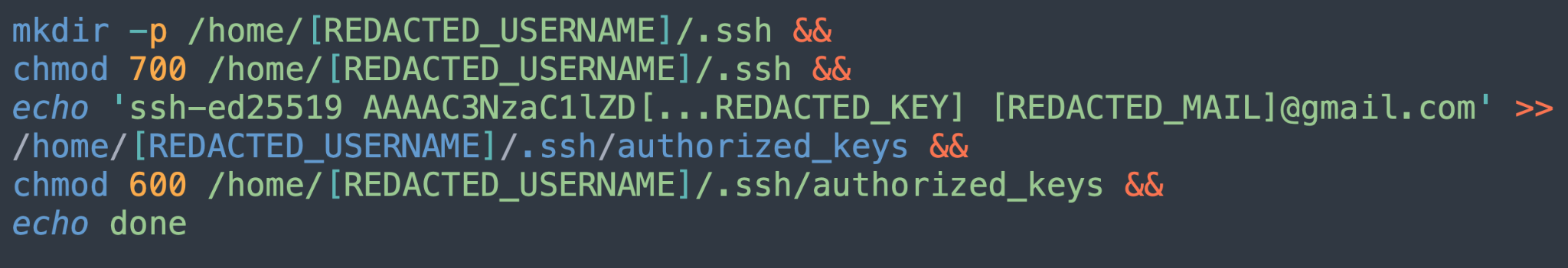 Screenshot of a code snippet displayed on a dark background, demonstrating steps to set up SSH keys. Commands include creating a directory, modifying permissions using `chmod`, and echoing a public key into a file. Usernames and specific keys are redacted for privacy.