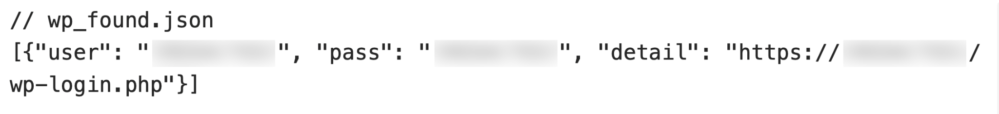 Screenshot of a JSON file showing obscured user and password data, along with a URL leading to a WordPress login page.