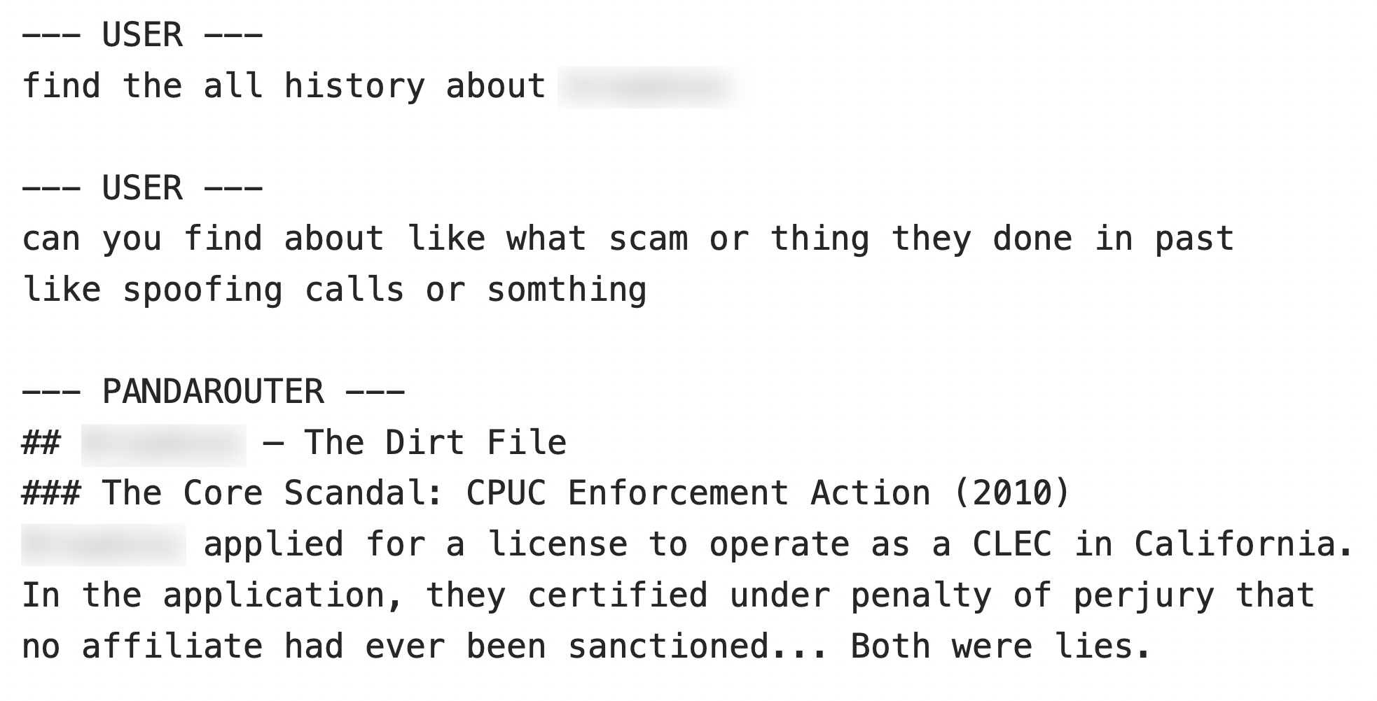 Screenshot of a text exchange discussing the history and past actions of an unspecified entity, suspected of scams like "spoofing calls." It includes a referenced document mentioning a CPUC Enforcement Action from 2010, and that the entity applied for a license as a CLEC in California. The text indicates a certification under penalty of perjury that no affiliated parties had been sanctioned.