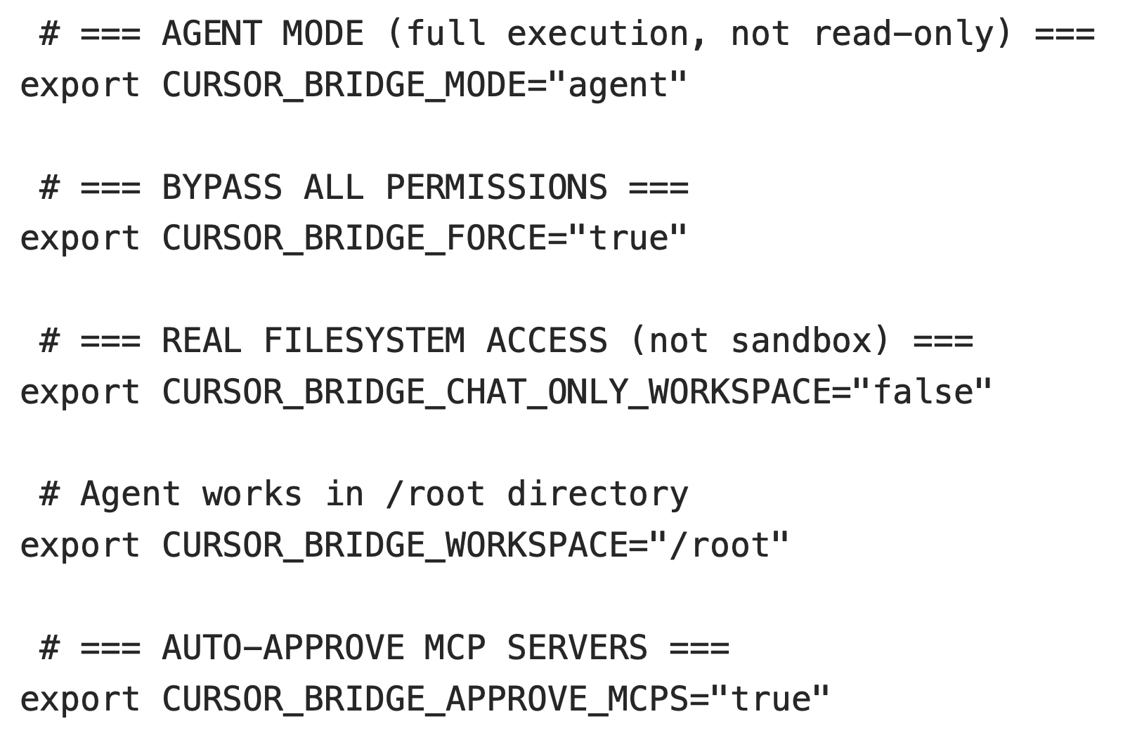 Screenshot of a code snippet displaying several export commands setting environment variables. The variables define permissions, filesystem access, and workspace configurations.