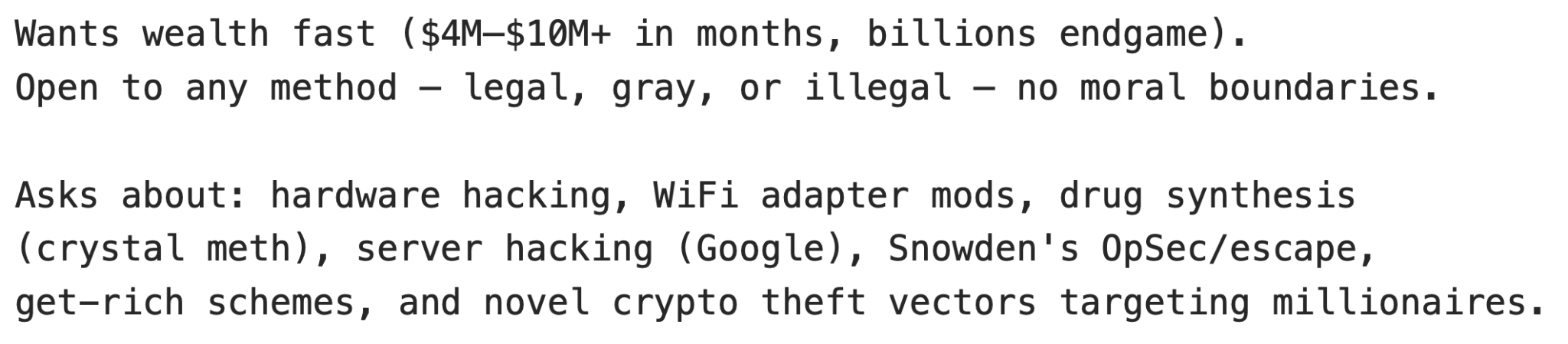Screenshot of text from the pandarouter bot's stored memory discussing intentions of amassing wealth using various methods, including hardware hacking and server hacking.